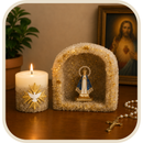 Kit Ternura Nossa Senhora Branca com Gruta Santuário e Vela Divino Espírito Santo®