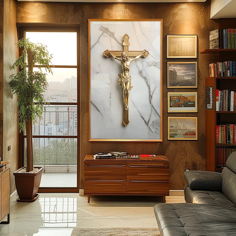 Quadro Cruz de Cristo Dourada em Mármore®