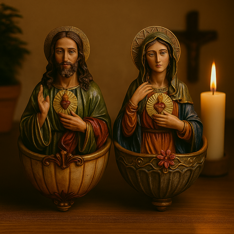 Kit Porta Água Benta Sagrado Coração de Jesus e Maria®