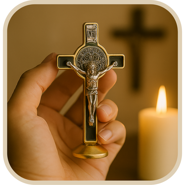 Crucifixo de Mesa São Bento 10cm – Proteção e Fé no Lar®