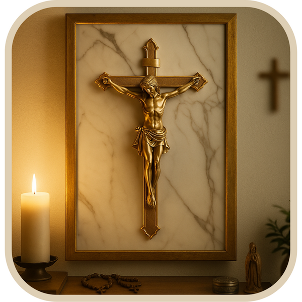 Quadro Cruz de Cristo Dourada em Mármore®
