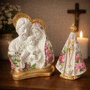 Kit Imagens Sagrada Família 17cm + Nossa Senhora Aparecida 15cm Floral Rosa - Decoração com Fé®