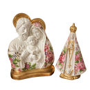 Kit Imagens Sagrada Família 17cm + Nossa Senhora Aparecida 15cm Floral Rosa - Decoração com Fé®